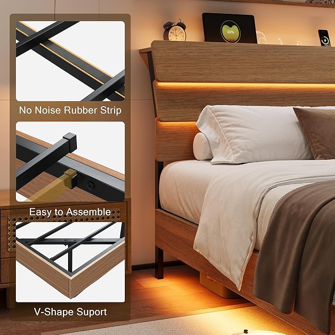 King Size Bed Frame with LED Headboard, Floating Bed Frame with Charging Station USB and V-Shaped Support, No Box Spring Needed, Noise Free, Easy Assembly, Walnut