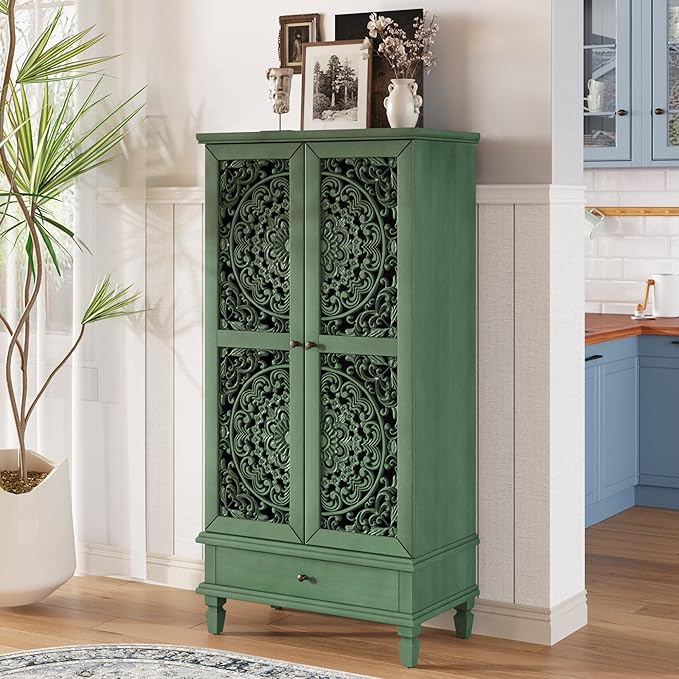 Rustic 55'' Tall Storage Cabinet with 2 Hollow-Carved Doors a Drawer, Wood Accent Cabinet with Solid Wood Legs for Living Room, Hallway, Dining Room (Antique Green-T)
