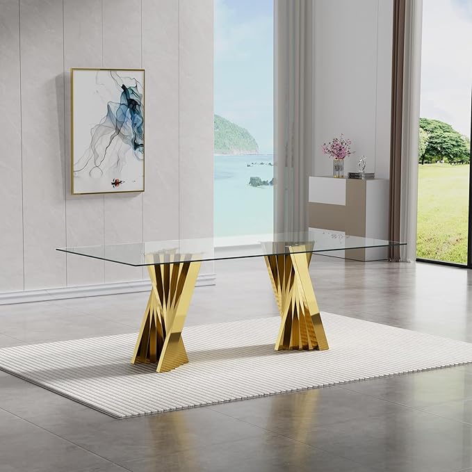 Goujxcy Modern 7 Piece Glass Dining Table Set Luxury Glass Kitchen Table and Chair Set for 6, 70" Large Rectangular Dining Room Table with 6 Tufted Chairs and Stainless Steel Legs (Gold & Blue)
