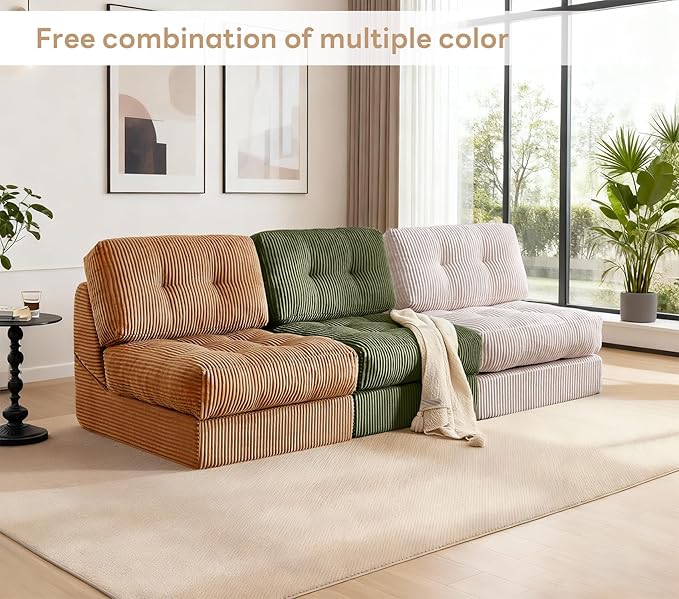 Tbfit 35.8'' Folding Sofa Bed, Convertible Sleeper Chair with Large Pillow, Corduroy Folding Couch Bed, Portable & Foldable Mattress Boneless Floor Sofa Set of 2, Khaki