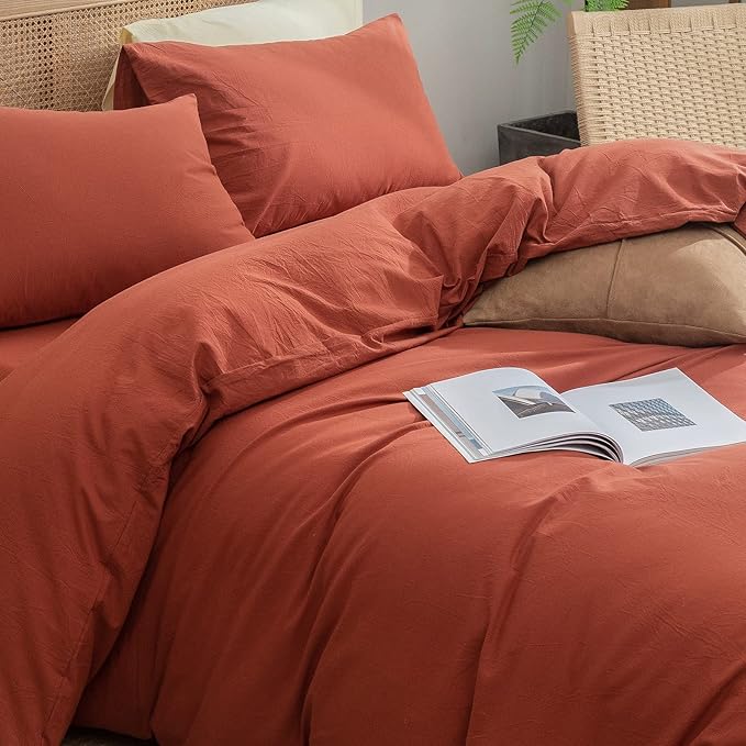 BESTOUCH Duvet Cover Set 100% Washed Cotton Linen Feel Super Soft Comfortable Chic Lightweight 3 PCs Home Bedding Set Solid Burnt Brick Red Full/Double