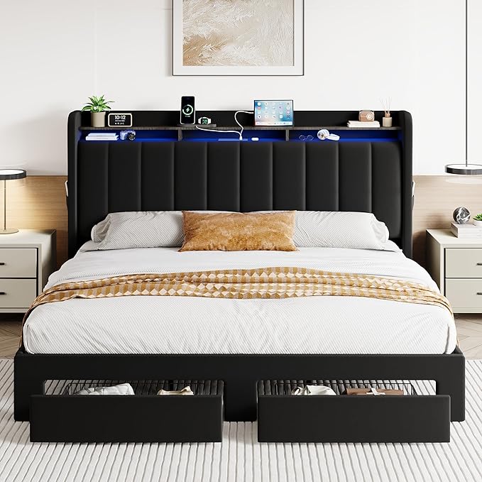 SHA CERLIN Velvet King Size Bed Frame with Vertical Channel Tufted Wingback Headboard & 2 Storage Drawers/2-Tier Shelves with LED Lights & Charging Station/Noise-Free/No Box Spring Needed/Black