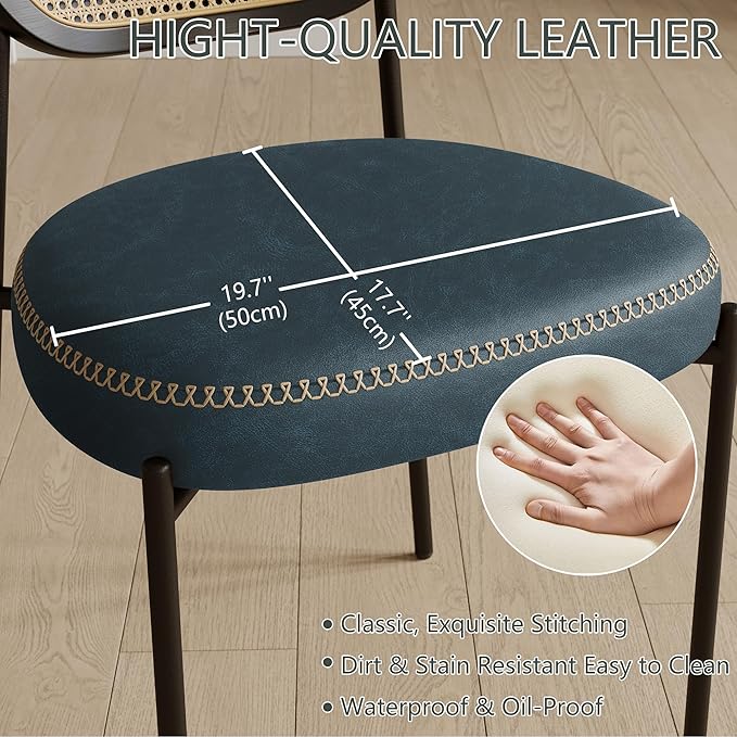 Rattan Dining Chairs Set of 6, Blue Leather Upholstered Dining Chairs with Rattan Cane Back, Mid Century Modern Dining Room Chairs with Black Metal Legs & D-Shaped Thicken Cushion, Blue