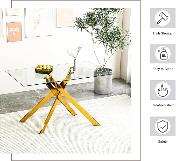 Goujxcy Glass Dining Table Set for 6, Modern Kitchen Table and Chairs Set of 6, 7-Piece Kitchen Dining Room Table Set w/51 Glass Gold Dining Table and 6 Green Velvet Upholstered Chairs