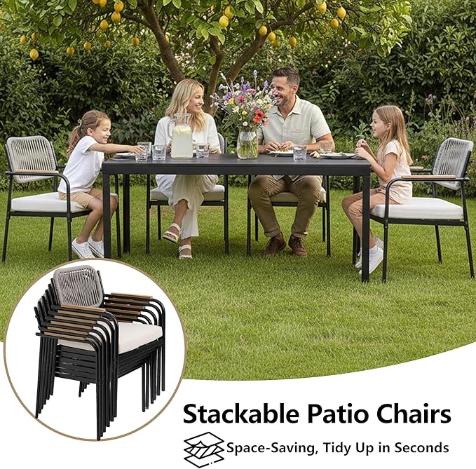 Outdoor Dining Chairs Set of 4, Wicker Patio Dining Chairs with Removable Cushions, Rectangle Patio Table Chair, All Weather Outdoor Chairs, Metal Lawn Chair for Adults/Indoor/Deck, Beige