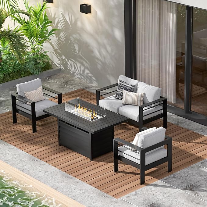 Wisteria Lane Aluminum Patio Furniture Set, 4 Piece Metal Outdoor Sofa Set with 54-INCH CSA Certified Propane Gas Fire Pit Table (Light Grey)