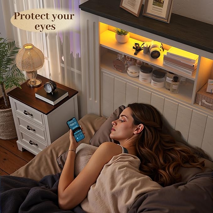 EnHomee Queen Bed Frame with Headboard, Bed Frame Queen Size with 4 Storage Drawers, Queen Bed with LED Lights & Charging Ports,No Box Spring Needed,NO Noise,Wooden, White