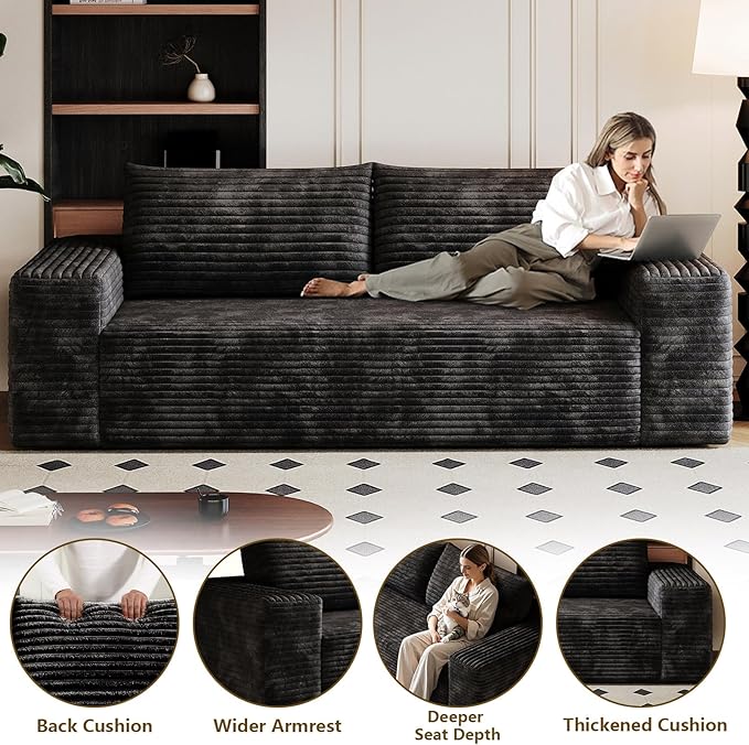 71" Boneless Loveseat Sofa - Cloud Couch with Memory Foam, Comfy Deep Seat - Corduroy Floor Sofa, No Assembly Required - Small Space Friendly for Living Room, Bedroom, Apartment, Black
