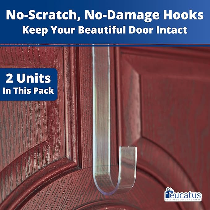 Non Scratch 100% Clear 12in Wreath Hanger 2Pk. Slim Christmas Wreaths Holders for Hanging Fall Halloween Decorations Over Front or Garage Door. Best Long Hooks for Indoor or Outdoor Home Decor