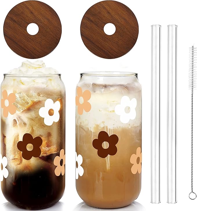 Glass Cups with Lids and Straws, Can Shaped Glass Cups, 20OZ Glass Cups, Drinking Glasses, Iced Coffee Glasses Cup, Smoothie Cups, Tumbler Glass, Reusable Iced Coffee Cup Drinking Glasses -Set of 2
