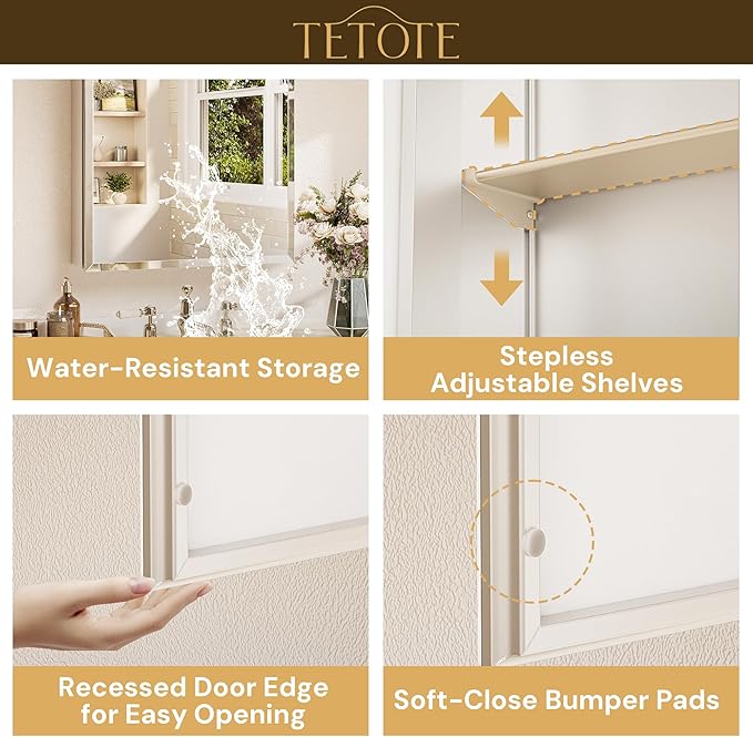 TETOTE 36 x 32 Bathroom Mirror Cabinet with Tempered Beveled Mirror Silver Medicine Cabinet Aluminum Cabinet DTC Hinges, Stepless Adjustable Shelves, Recessed/Surface-Mounted