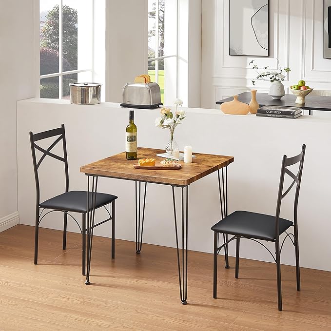 VECELO 3-Piece Dining Table Set for Home Kitchen Small Space Breakfast Nook, 2 Faux Leather Metal Frame Chairs, Classic Brown,Set for 2