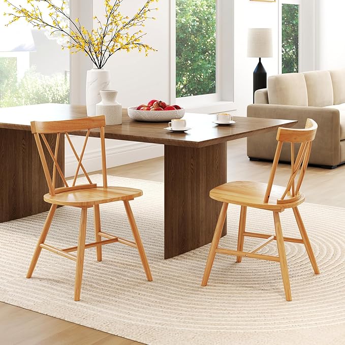 Giantex Wooden Dining Chairs Set of 4, Farmhouse Windsor Kitchen Chairs w/Cross Back, Wide Seat, Rubber Wood Frame, Armless Side Chairs for Kitchen, Dining Room, Living Room, Restaurant, Natural
