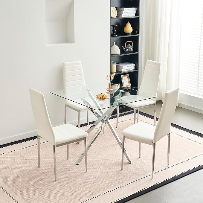 36" Square Glass Dining Room Table for 4 with Tempered Glass Top and Silver Chrome Metal Legs, Modern Clear Kitchen and Dinner Table for Home Office Dining Room