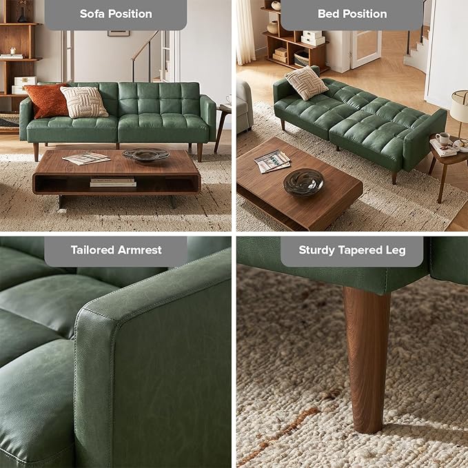 mopio 76.4" Futon Sofa Bed, Couch, Loveseat, Sleeper Sofa, Mid Century Modern Futon Couch, Sofa Cama, Couches for Living Room (Aaron PU, Sage Green)