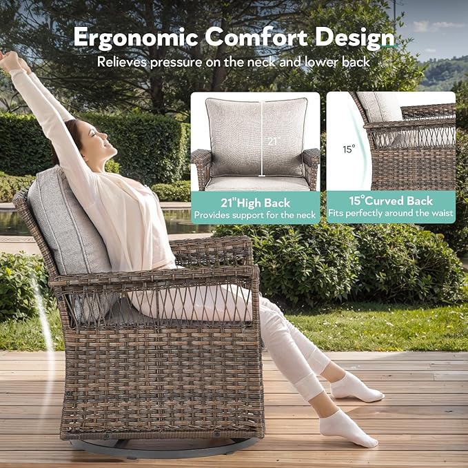 6 Pieces Wicker Patio Furniture Set - Hollow Widen Armrests Outdoor Swivel Glider Chairs and 3 Seat Sofa with Coffee Table & Ottomans for Balcony Porch Deck and Yard - Brown/Beige