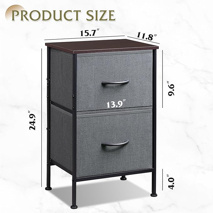 WLIVE Night Stand, Small Dresser with 2 Drawers & Wooden Top, Nightstand with Fabric Bins, Bedside Table End Table for Bedroom, Closet, Entryway, College Dorm, Charcoal Black