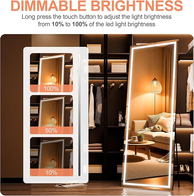 Full Length Mirror with Lights, 71" x 32" LED Lighted Floor Standing Mirror, Tempered Glass, Square Black