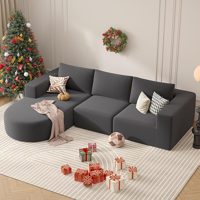 Modular Sectional Sofa with L-Shape Chaise,Cloud Sectional Modern Sleeper Couch with Deep Seat,Sponge Compression Sofas No Assembly Required (Dark Gray-Corduroy Fabric) 1PCS