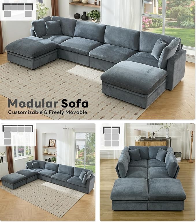 Tbfit Modern Sectional Sofa with Storage, Down-Filled Cushions, 154" W Cloud Couch for Home, Living Room, Grey