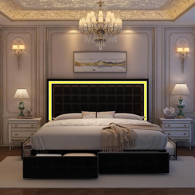 Queen Bed Frame with LED Lights & Storage Drawers, No Box Spring Needed, Heavy Duty 900lbs Weight Capacity, Easy Assembly, Modern Upholstered Platform Bed, Velvet Black