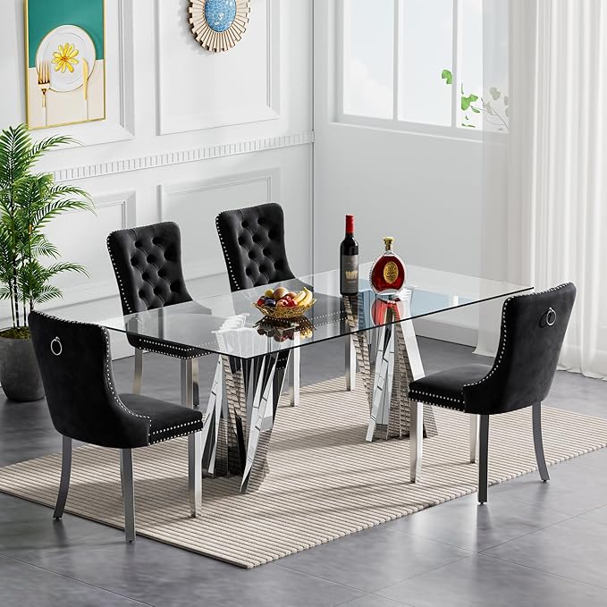 Goujxcy 70" Glass Dining Table Set for 4, Modern Silver Dining Table Set with 4 Black Velvet Upholstered Dining Chairs, 5 Piece Kitchen Dining Room Table Set with Stainless Steel Legs