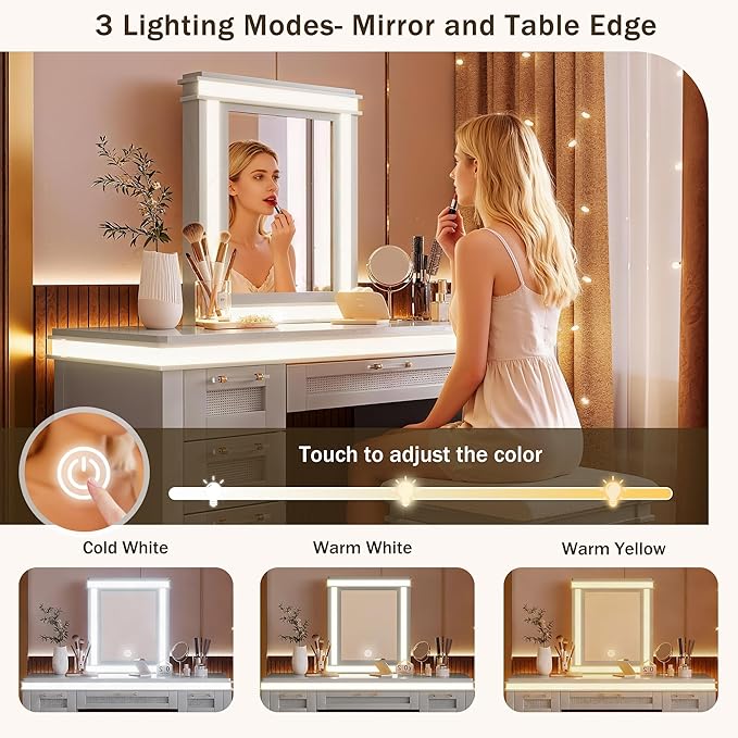 Merax 48" Vanity Desk with Mirror and Lights, Makeup Vanity with 7 Drawers and Cushioned Stool, Classic Finish Dressing Table with Hollow Design Drawer for Bedroom, Rubber Wood Legs, Grey-Blue