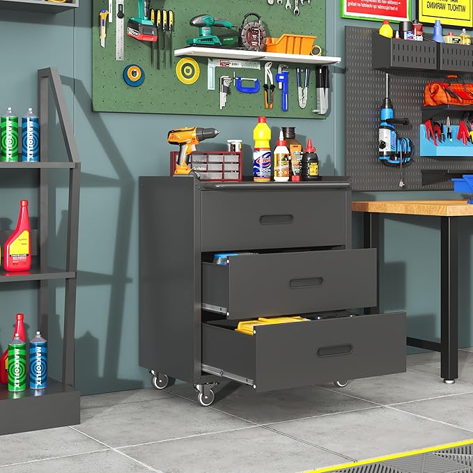 Tool Storage Cabinet, Rolling Tool Cabinets with 3 Drawers, Metal Storage Cabinet for Garage, Tool Room, Warehouse, Assembly Required(Black)