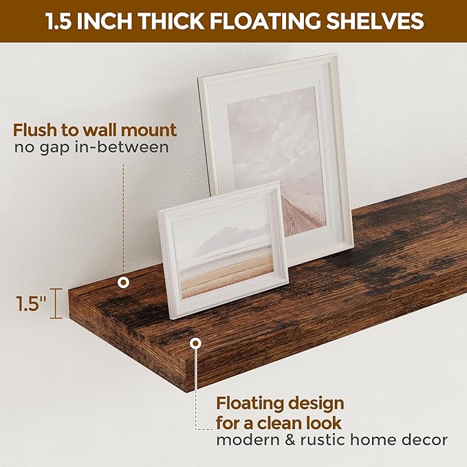 Floating Shelves for Wall, 24 x 9.3 Floating Shelf Wall-Mounted, Rustic Wood Bathroom Shelf Set of 2, Deep Bookshelf Storge Shelves for Living Room, Bedroom, Farmhouse, Rustic Brown Color