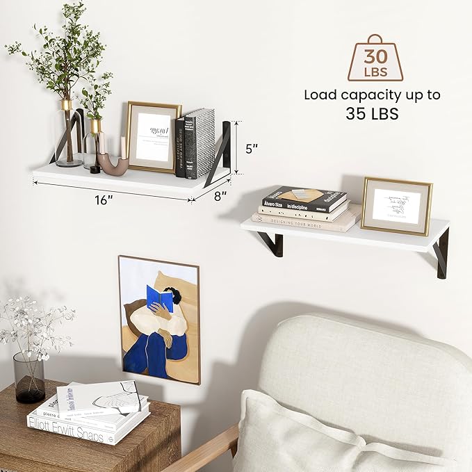 Axeman White Floating Shelves for Wall, 16W x 8D Floating Shelves Set of 2, 8'' Deep Wall Shelves for Bookshelf Living Room Bedroom Home Office Bathroom