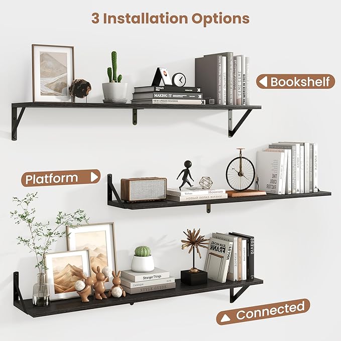 Axeman Black Floating Shelves for Wall 40 Inch | 39.4W x 8D Rustic Wood Floating Shelves Set of 2 | 8" Deep Long Wall Shelves for Bathroom Kitchen Living Room | Bookshelf Display Shelves - Black