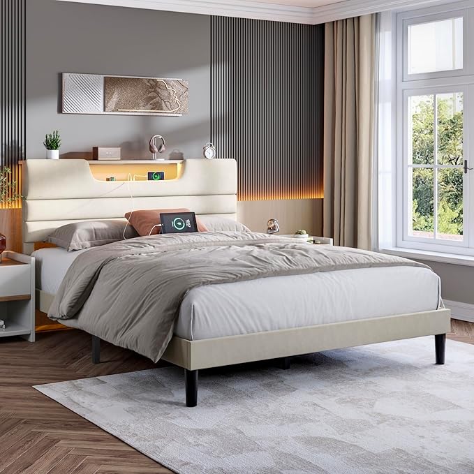 Queen Size Bed Frames with Upholstered Headboard, Modern Platform Bed with Charging Station and Led Lights, Bed Frame with Sturdy Wooden Slats/No Box Spring Needed/2-Tier Storage, Beige