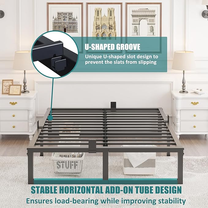 King Bed Frame, 14 Inch High 3500 lbs Metal Platform, Mattress Foundation with Steel Slat Support/No Box Spring Needed/Noise Free/Non-Slip/Easy Assembly