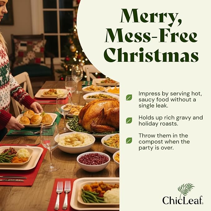 Chic Leaf Palm Leaf Disposable Bamboo Plates – Square, Biodegradable & Compostable Party Plates for Weddings, Parties & Events, Christams Dinner Turkey Meal Holiday - Disposable Platter (10", 20 Pack)