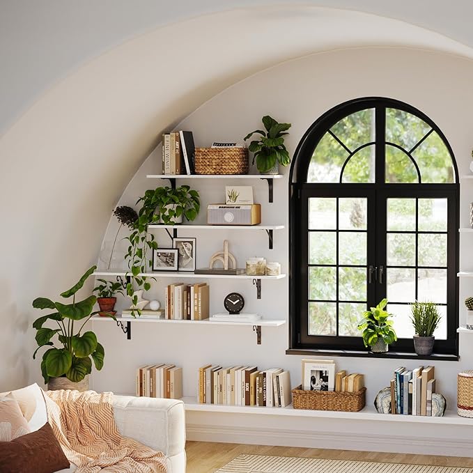 DINZI LVJ Long Wall Shelves, 23.6" Large Floating Shelves Set of 2, Farmhouse Display Shelf Wall Mounted with Heavy Duty Brackets, Easy Assembly for Kitchen, Bathroom, Bedroom, Balcony, White