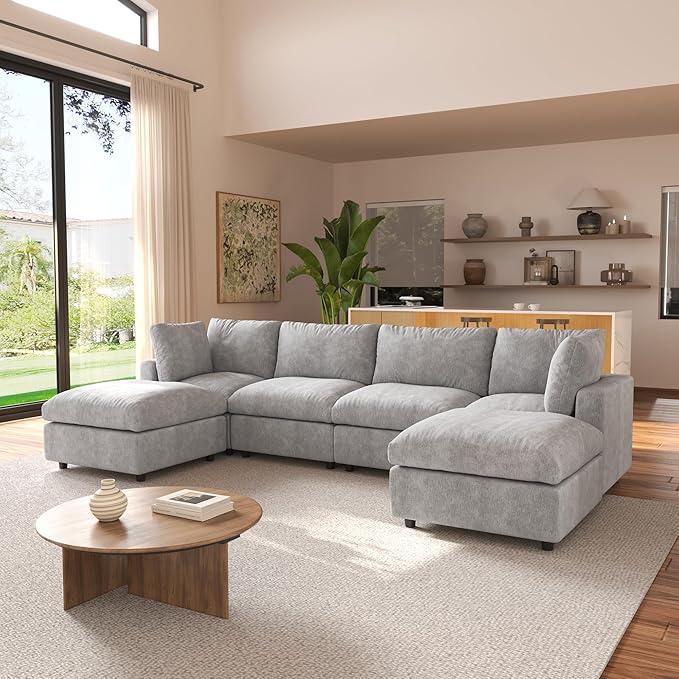 JACH U Shape Sectional Couches for Living Room, Modular Sofa with Chaise Ottomans, Cloud Sectional Couch, Sofa Covers Washable, Minimalist Couch for Living Room, Apartment, Light Grey