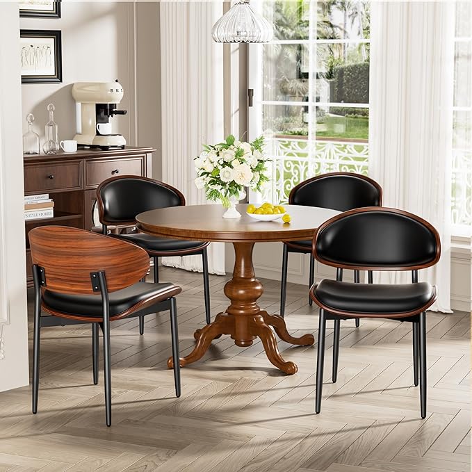 Dining Chairs Set of 8, Dining Room and Kitchen Chairs, Mid Century Modern Retro Chair, Upholstered PU Leather Chairs for Vanity with Walnut Bentwood and Metal Legs (Black)