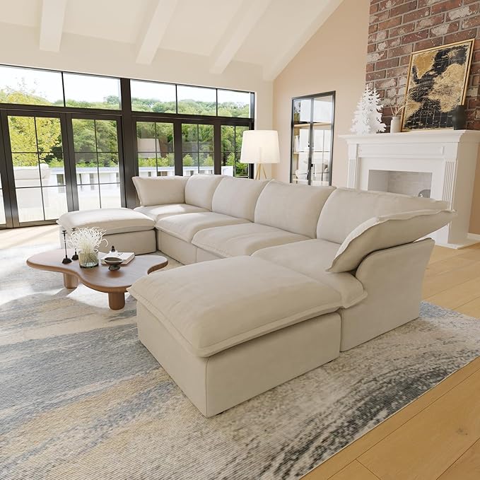 162.98" Cloud Modular Sectional Sofa, L Shaped Couch, Minimalist Wide Deep Seat Couches with Chaise Ottoman,Cushion Covers Removable(Beige)