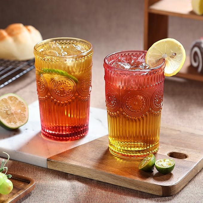 6pcs Vintage Drinking Glasses Set, 12 oz Glass Cups, Embossed Ribbed Christmas Glassware Water Tumblers for Cocktail, Water, Juice, Milk, Whiskey