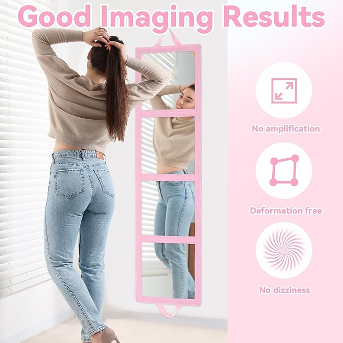 ROYALAY Foldable Full Length Mirror with Handle, 47 * 13in Four-fold Portable Mirror for Travel Makeup Dancing and Fitting Clothes, Pink