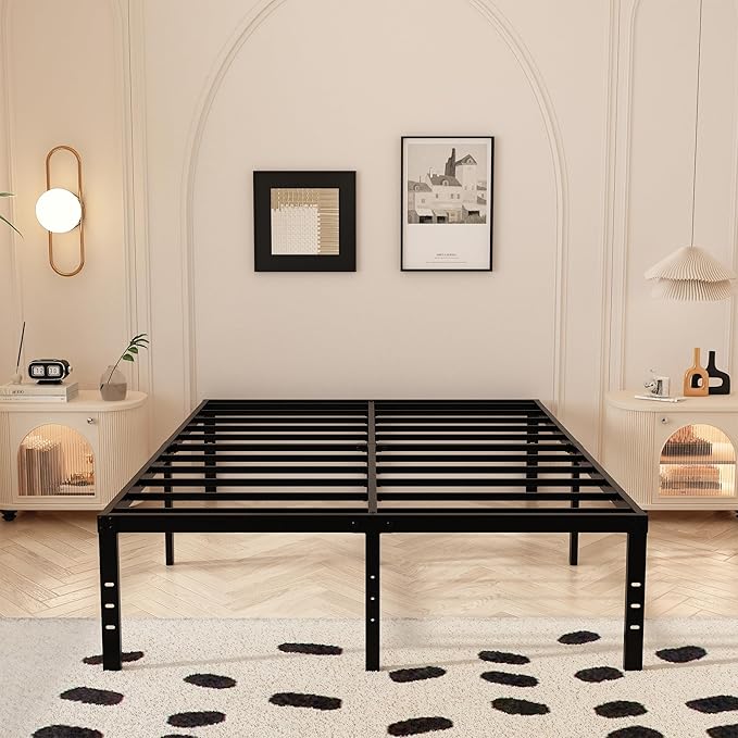 18 Inch King Bed Frame with Fabric Cover, Heavy Duty King Platform Bed Frame Support Up to 3000 lbs, Easy Assembly, Noise Free, Black