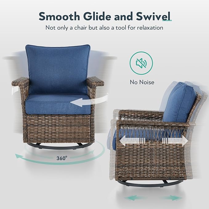Outdoor Swivel Glider Chairs - 3 Pieces Hollow Widen Armrests Wicker Patio Furniture Set with Side Table, High Back Outside Swivel Rocker for Balcony Porch Deck and Yard - Brown/Blue