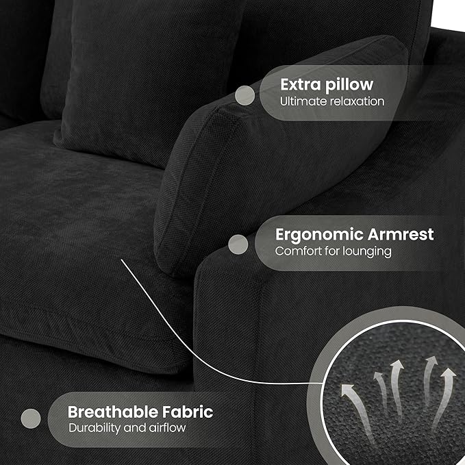 Cloud Modular Sectional Sofa Couch for Livingroom,119inch Down Filled U Shaped Couch with Wide Seat,Convertible Sectional Sofa with Ottoman,Covers Washable&Replaceable,Black