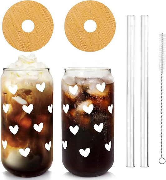 Mason Life Iced Coffee Cups, Can Shaped Glass Cups, 20 OZ Hearts Cup Beer Glass, Love Can Couple Drinking Glasses, Glass Cup with Bamboo Lids and Straws Valentines Cups Gifts- 2 Sets