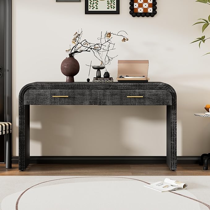 GDFStudio 59" Retro Console Table with Drawers, Narrow Entryway Cabinet Sofa Table with Fluted Details & Distressed Finish, Wood Sideboard Buffet Tables for Living Room Dining Room, Antique Black-1