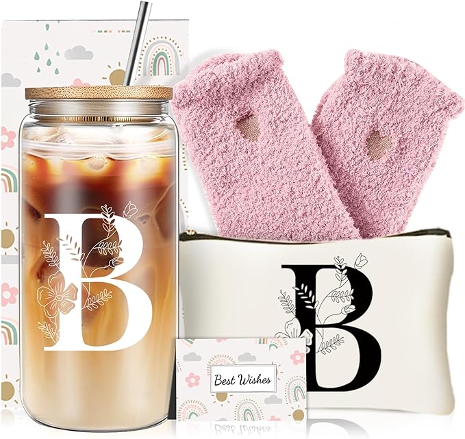 Unique Initial Glass Cup with Lids and Straws, Monogrammed Gifts Box Included Makeup Bag, Christmas Birthday Gifts for Women Mom Sister Grandma, B