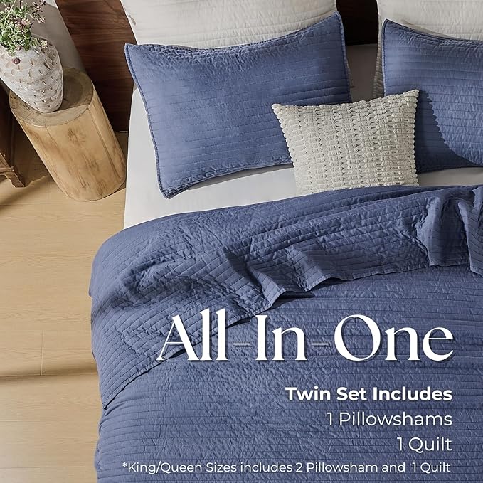DOWN HOME Twin Quilt Bedding Set with Sham, Vintage Washed Soft Quilted Blanket Thin Comforter Lightweight Bedspread Coverlet Bed Cover, Brushed Microfiber Stripe Stitching, Vintage Denim, 66"x92"