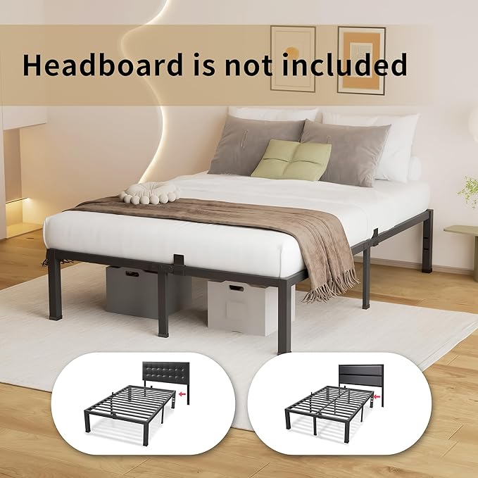 MAF Full Size Bed Frame 14 Inch Heavy Duty Metal Platform BedFrame with Black Steel Slat Support Noise Free Full-Bed-Frame, No Box Spring Needed