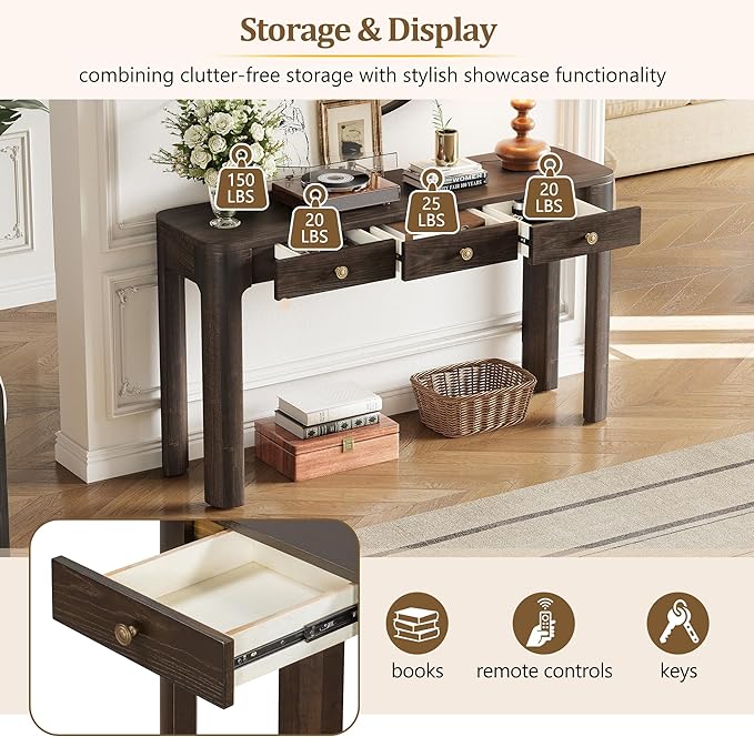 Amposei Retro Rustic Entry Console Table 52’’ Wooden Entryway Sofa Table with Storage Drawers for Living Room Entrance Hallway, Espresso