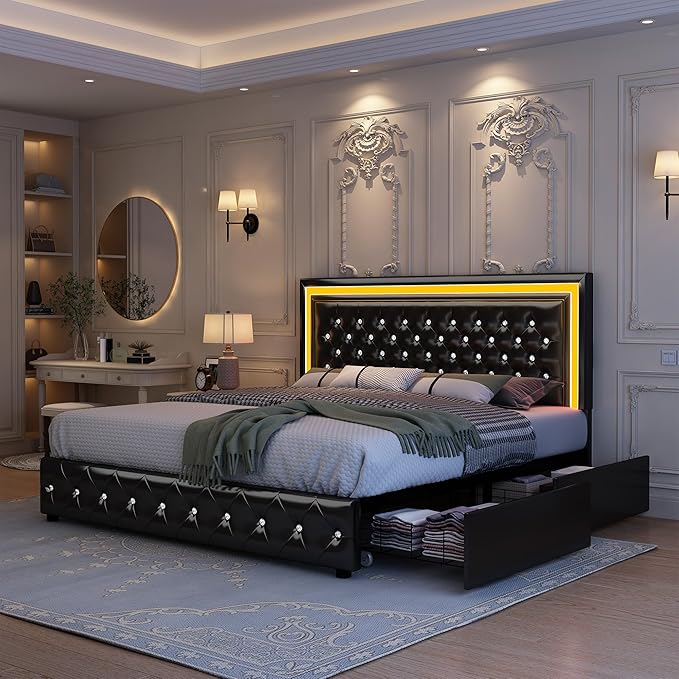 Full Led Bed Frame with 4 Storage Drawers, Bed Frame with Led Lights No Box Spring Needed, 900 lbs Capacity, Easy Assembly, PU Black